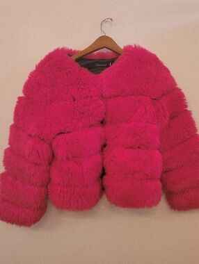 Hot Pink Faux Fur Coat by Fashionable
